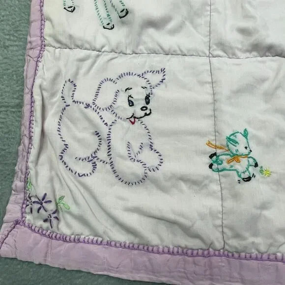 Vintage Baby Quilt Hand Embroidered Animals Pastel Crib Blanket Handmade 36x30 - Picture 6 of 16